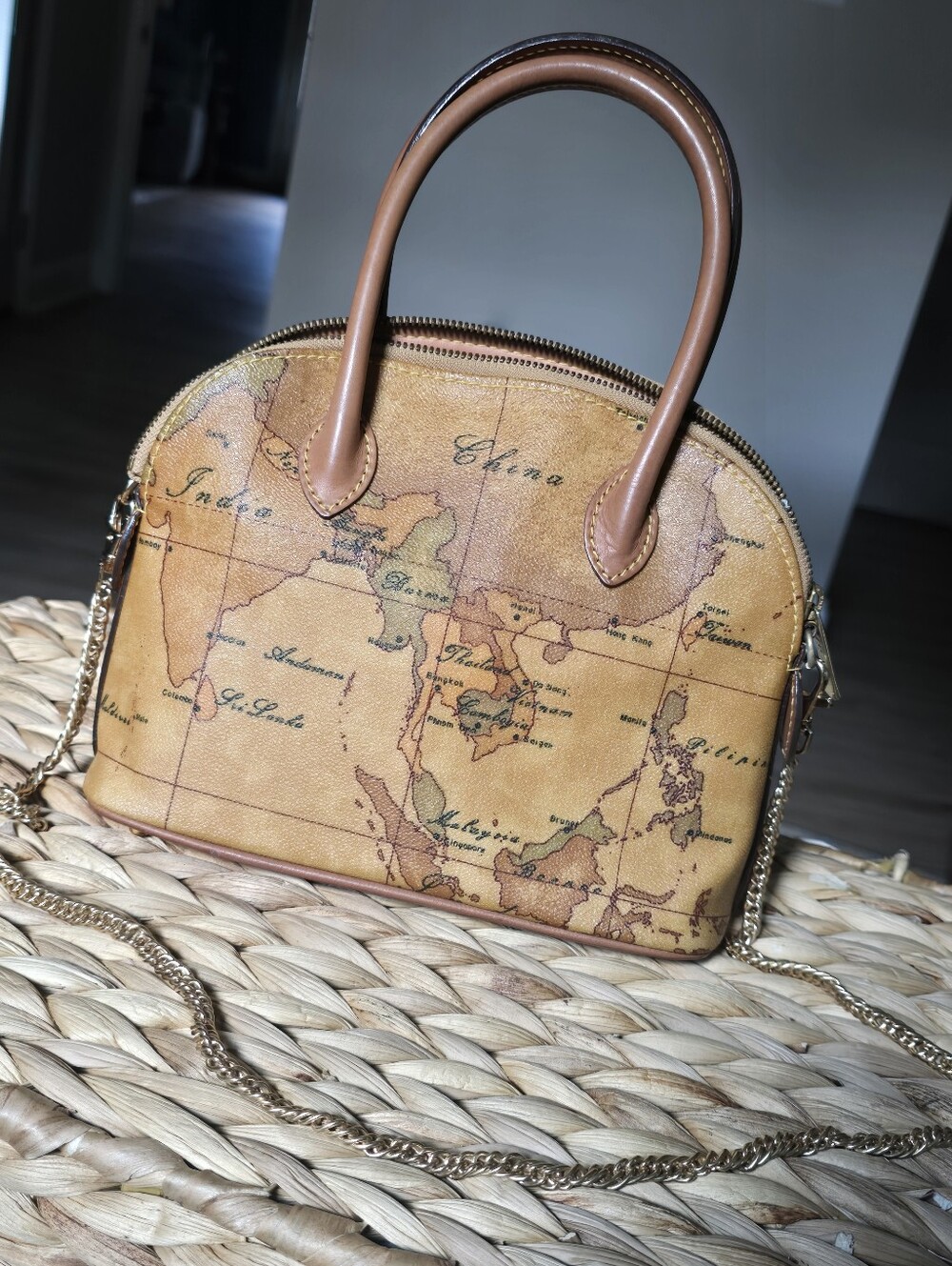 Authentic Alviero Martini Map-Print Dome Satchel Handbag